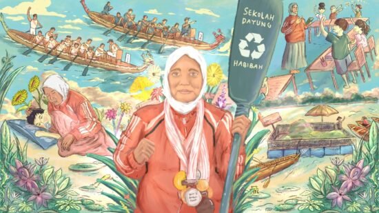 Illustrasi Leni Haini mulai dari atlet dayung nasional dengan banyak medali sampai membentuk Bank Sampah Dayung Habibah dan Sekolah Dayung Habibah zonaebt