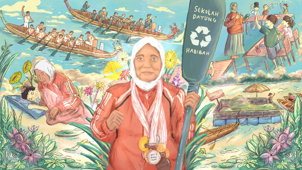 Illustrasi Leni Haini mulai dari atlet dayung nasional dengan banyak medali sampai membentuk Bank Sampah Dayung Habibah dan Sekolah Dayung Habibah zonaebt
