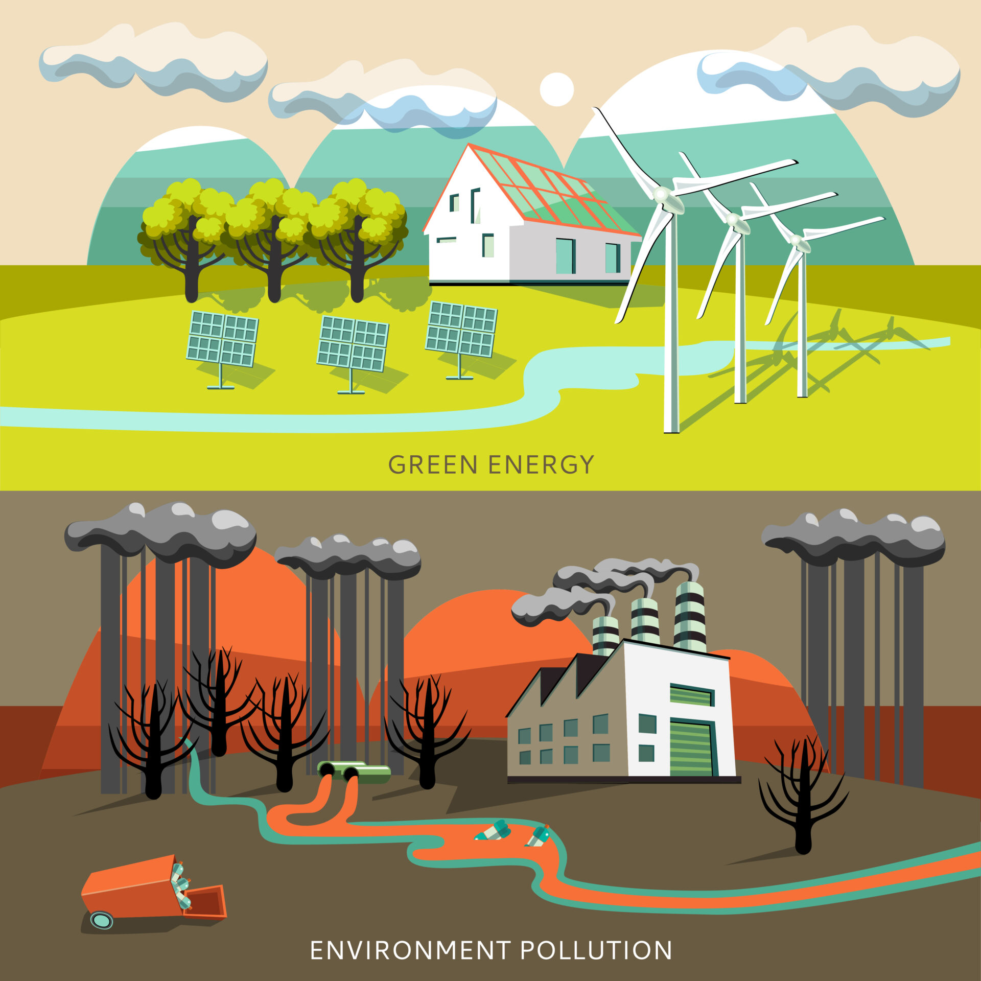 Ilustrasi Perbedaan Energi Hijau dan Polusi Lingkungan Menyulap Sampah menjadi Energi Ramah Lingkungan dengan PLTBm zonaebt.com