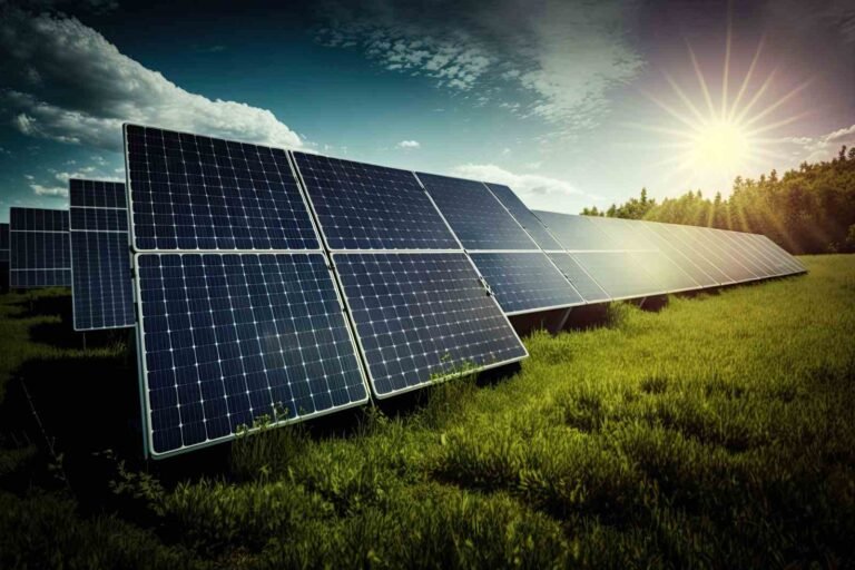 Photovoltaic-solar-power-panel-in-the-field-green-clean-Alternative-power-energy-concept-Ai-generative