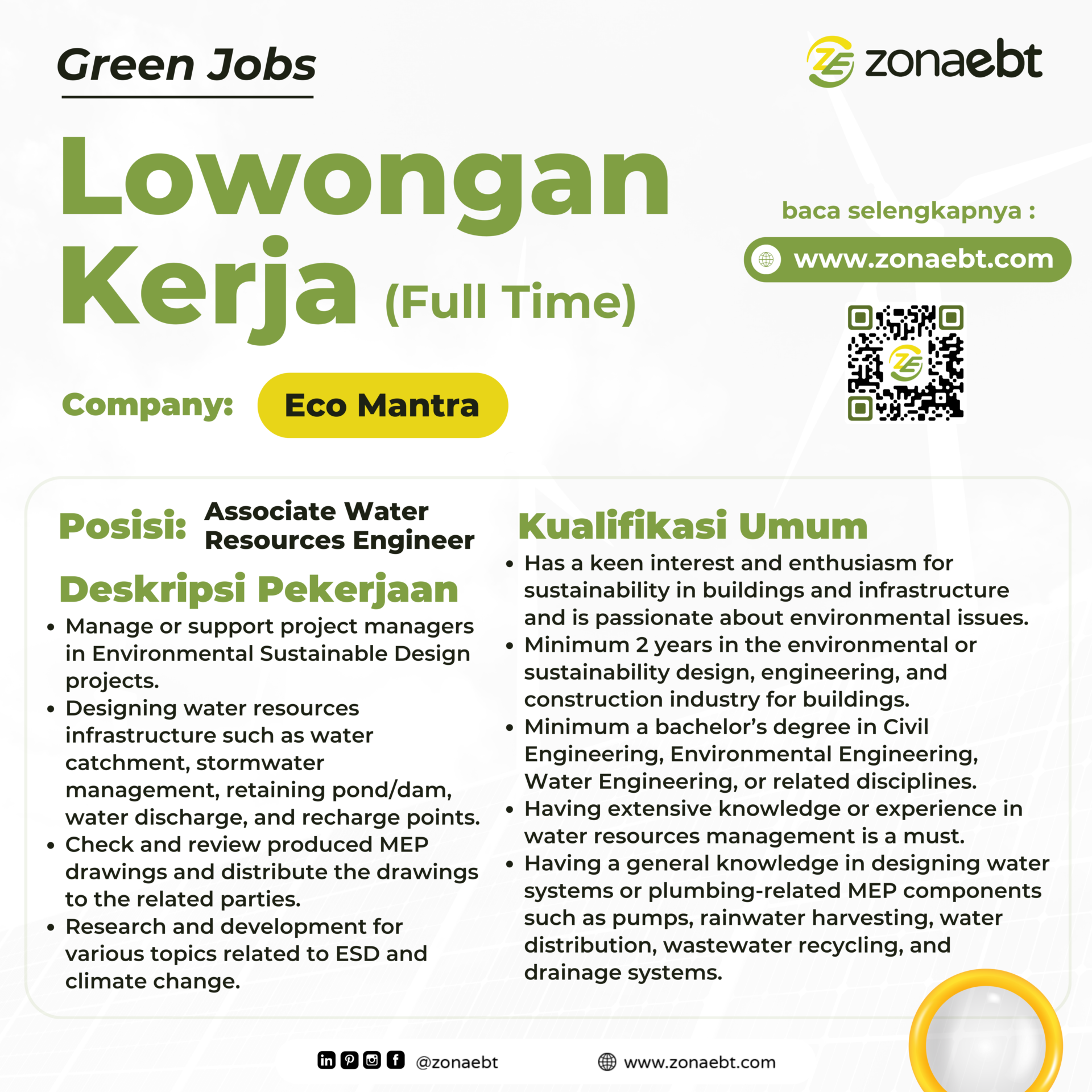 Post Associate Water Resources Engineer green jobs zonaebt.com