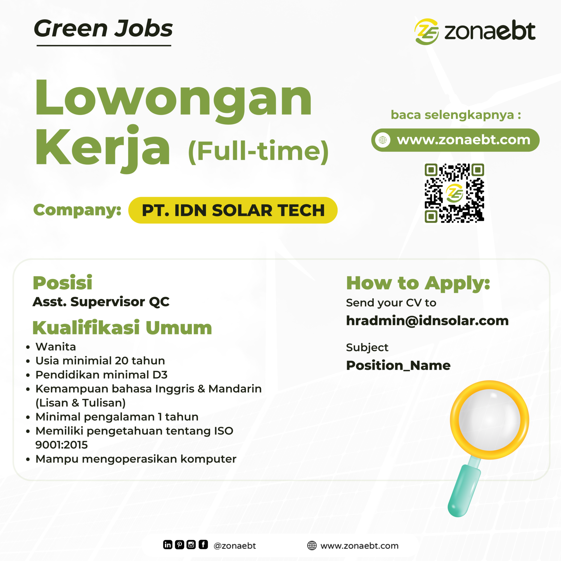 Post Asst. Supervisor QC green jobs zonaebt.com