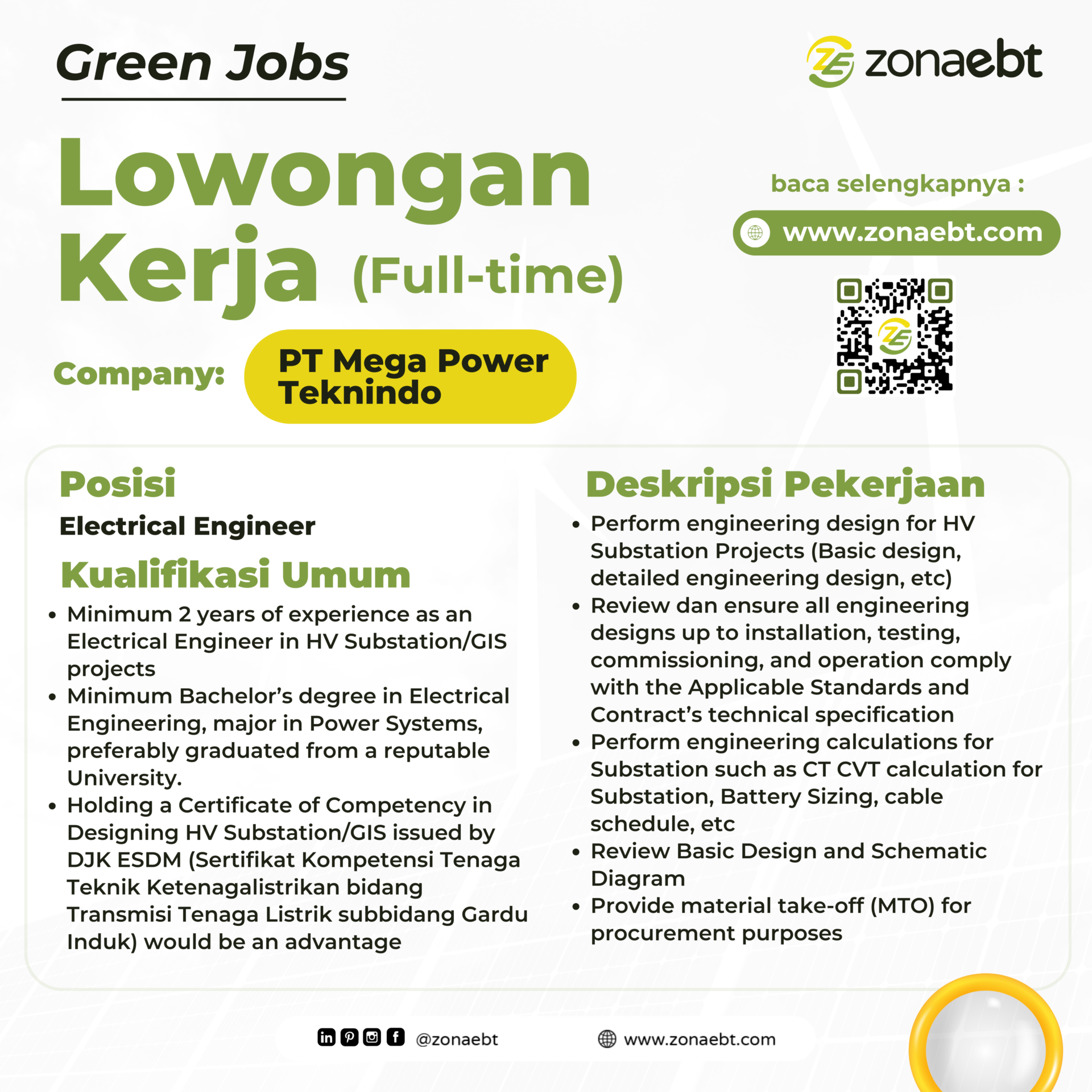 Post Electrical Engineer green jobs zonaebt.com