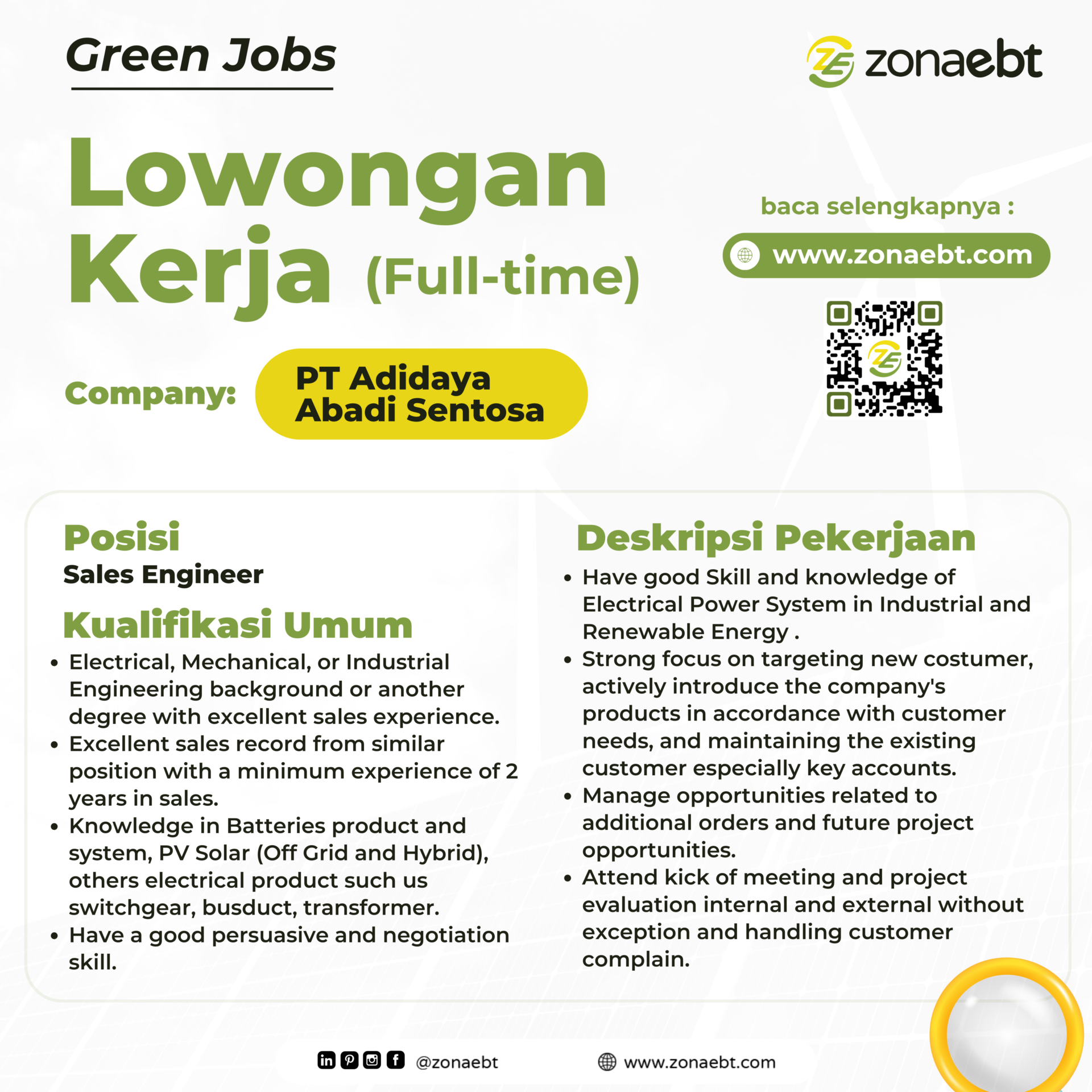 Post Sales Engineer Green jobs zonaebt.com