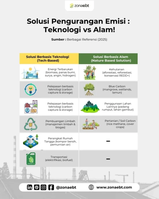 Upaya pengurangan emisi bisa ditempuh melalui dua jalur utama- solusi berbasis teknologi dan so