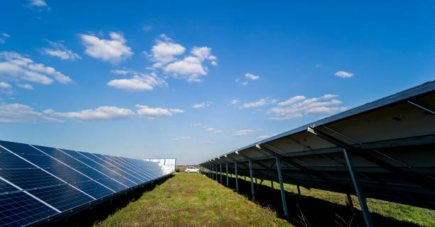 Photovoltaic solar panels on blue sky background