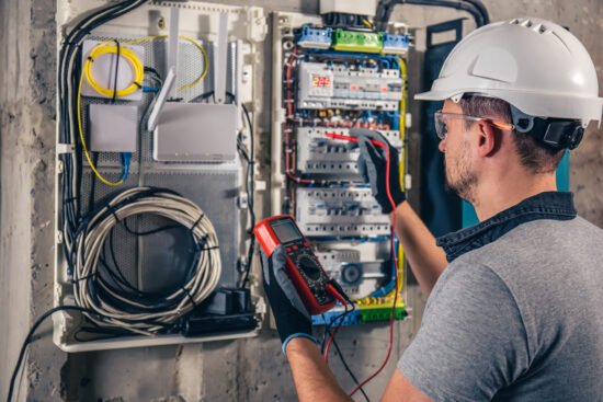 Man, an electrical technician working in a switchboard with fuses